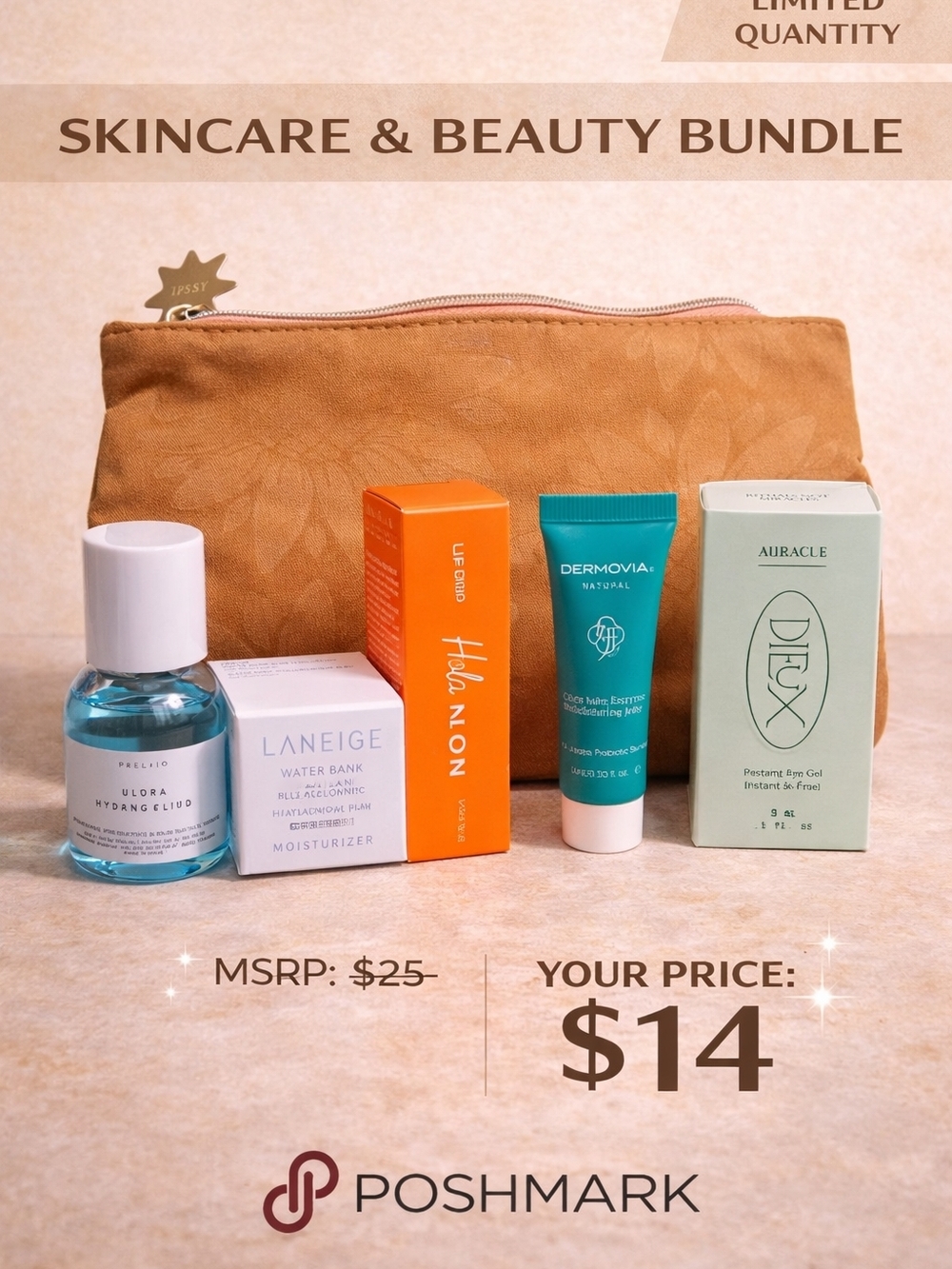 ipsy Skincare Bundle with Tan Pouch and Teal, Orange, Blue, White Products